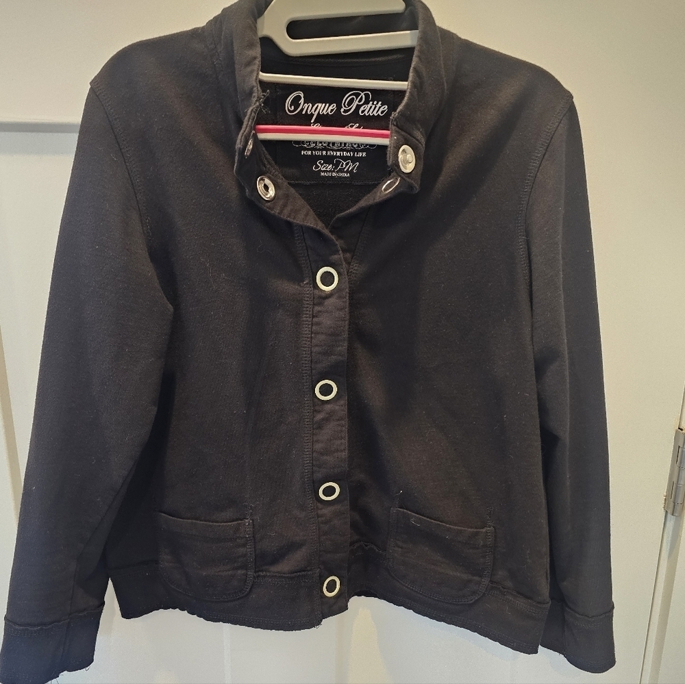Onque Petite Black Cotton Snap Front Jacket Women’s PM Stand Collar Casual Layer